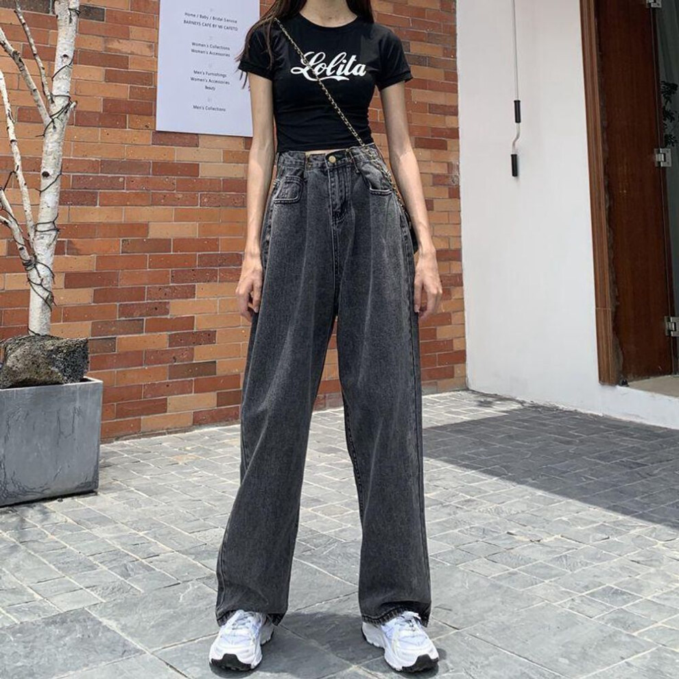 (black gray, Small) "Women's White High Waist Slim Straight Wide Leg Jeans - Trendy Loose-Fit Mopping Trousers
