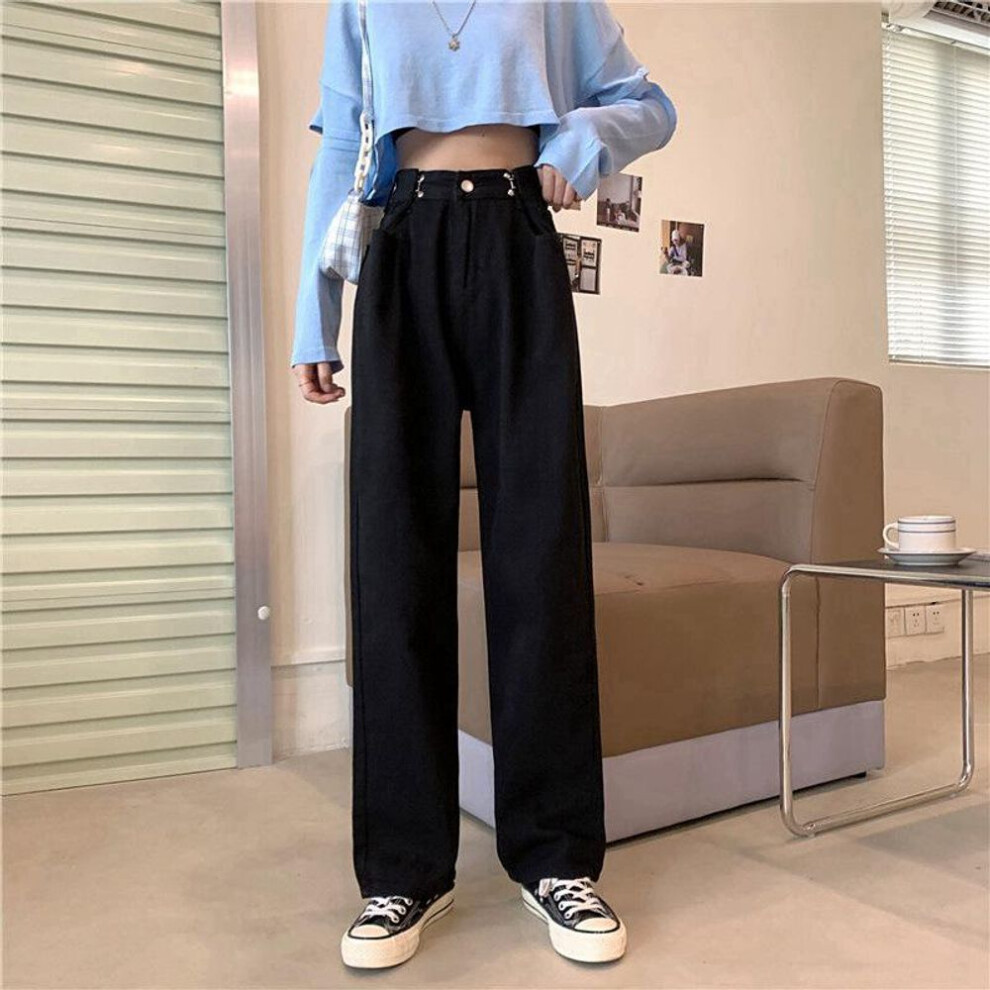(black, Extra Large) "Women's White High Waist Slim Straight Wide Leg Jeans - Trendy Loose-Fit Mopping Trousers