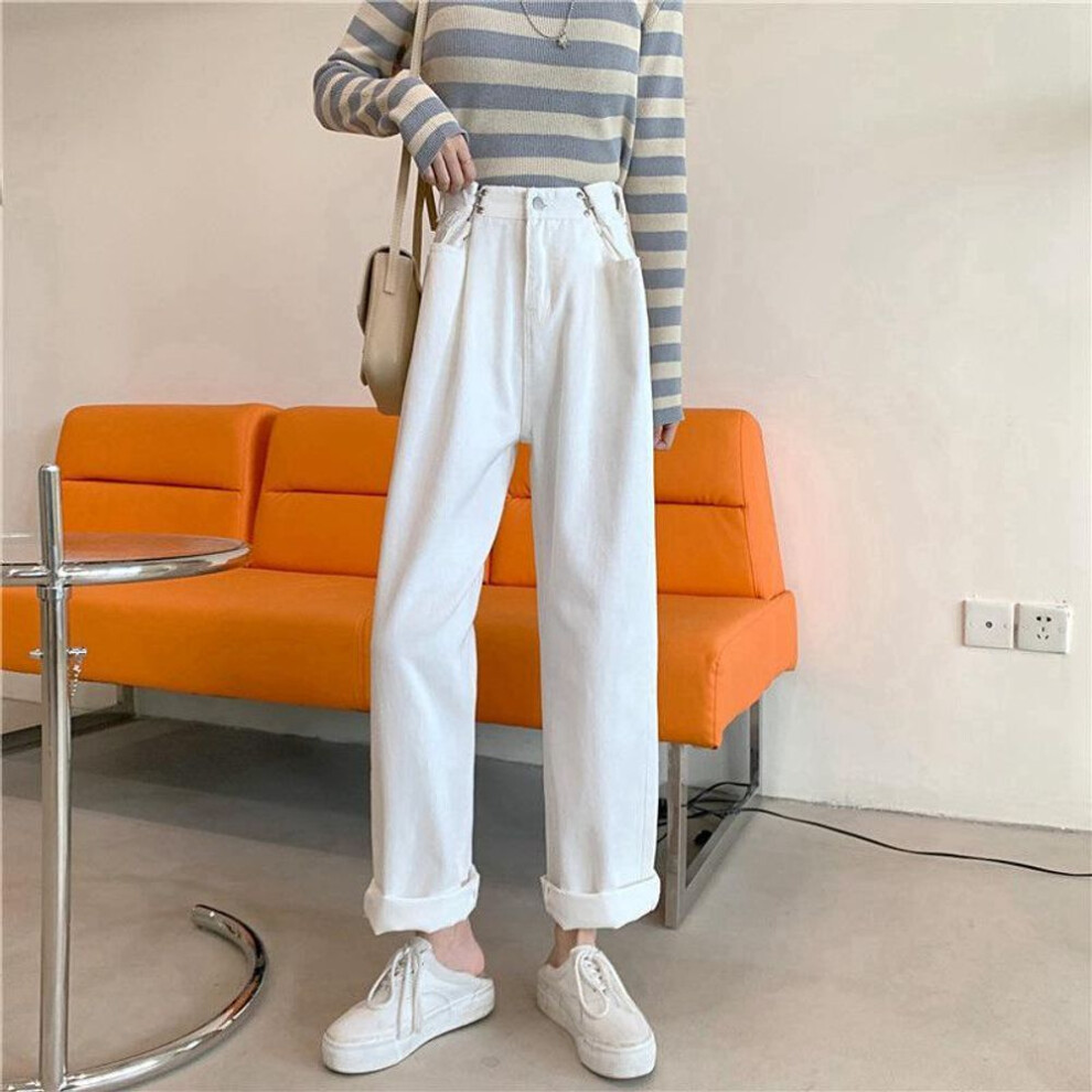 (white, 2XL) "Women's White High Waist Slim Straight Wide Leg Jeans - Trendy Loose-Fit Mopping Trousers