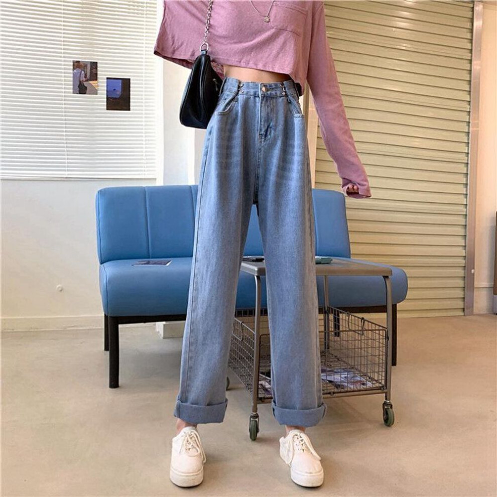 (light blue, 2XL) "Women's White High Waist Slim Straight Wide Leg Jeans - Trendy Loose-Fit Mopping Trousers