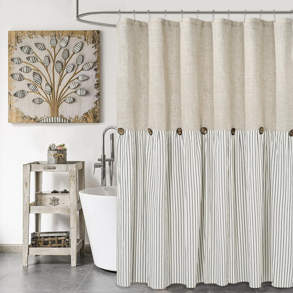 Rideau de douche style ferme     rayures beiges et grises, en lin et coton tiss   , style rustique et chic, 183 x 243 cm