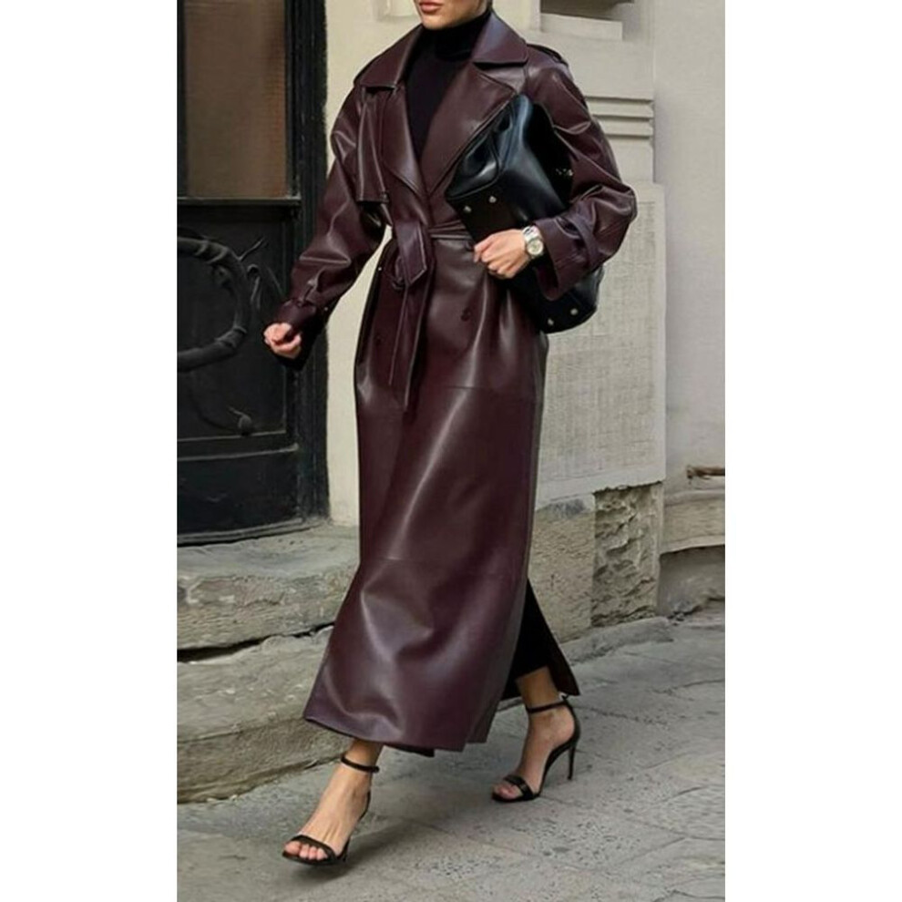 (Large) "2024 Dark Red Waist-Tie Leather Coat