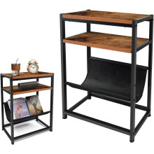Narrow Edge Table with 2-Tier Storage Rack & Magazine Sling - Slim Iron & Particle Board Sofa Table, Rural Brown