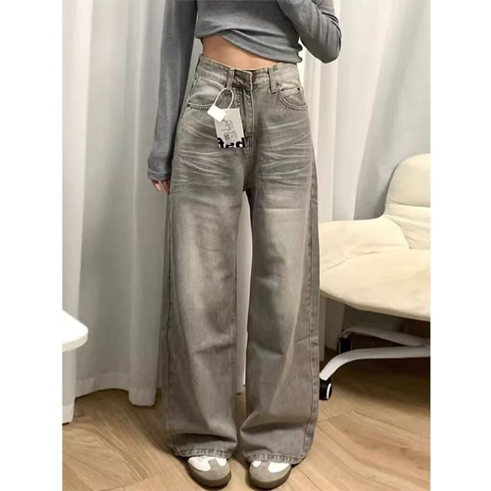 (gray, Small) Women's Large American-style Washed Wide-leg Jeans: Retro Straight, Scratch Detail, Light Color, Floor-length, Perfect For Spring And Autumn.