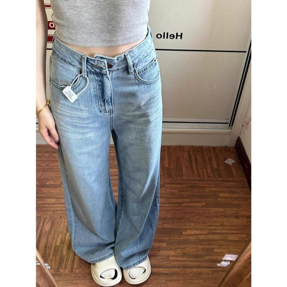 (blue, Large) Women's Large American-style Washed Wide-leg Jeans: Retro Straight, Scratch Detail, Light Color, Floor-length, Perfect For Spring And Autumn.