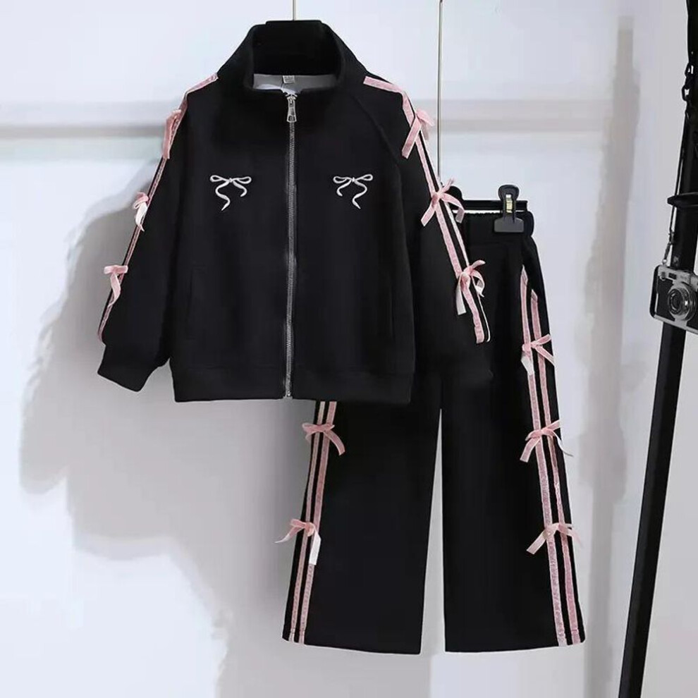 (black, 130 cm) Girls' Trendy Bowknot Street Style Zipper Cardigan Two-piece Suit For Spring And Fall