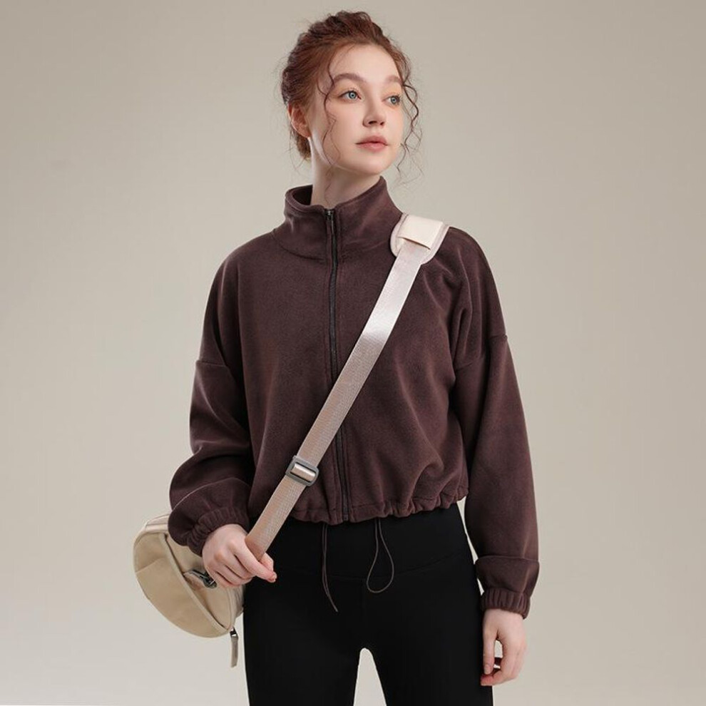 (dark coffee, Large) Women's Thick Plush Sports Jacket - Long Sleeve, Windproof Austrian Fleece For Yoga, Running, Fitness, Polar Fleece Sweatshirt