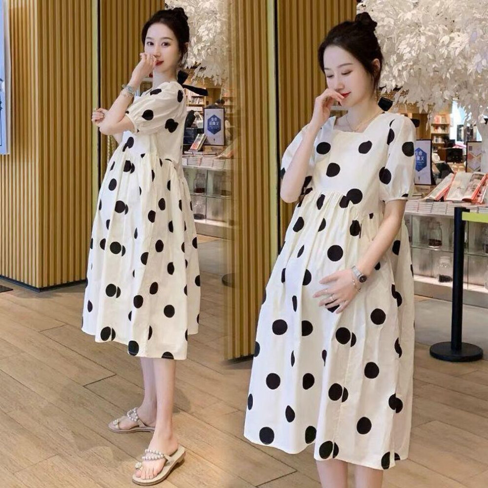 (4XL [For 180-200 Jin]) "Fashionable Polka Dot T-Shirt Dress for Pregnant Women - Loose, Plus Size, Knee-Length, Korean Style, Summer Wear