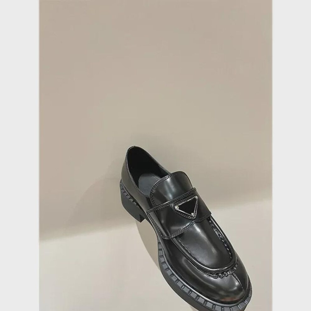 (black, 35) P Triangle Logo Women's Thick Bottom Mid-heel Leather Loafers - Shiny, Casual, All-match With Horseshoe Heel