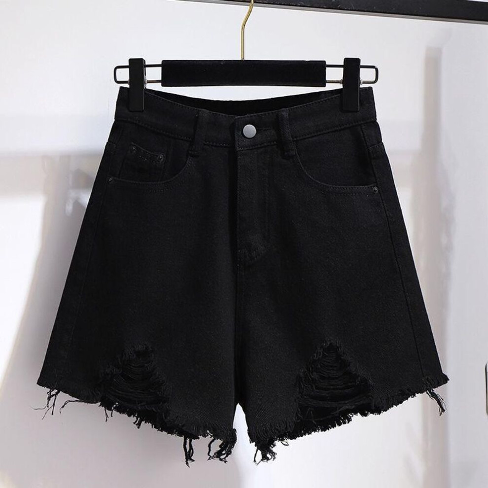 (black, L) "plus Size High Waist Denim Shorts For Women – Summer Slim Fit With Wide Leg And Distressed Details