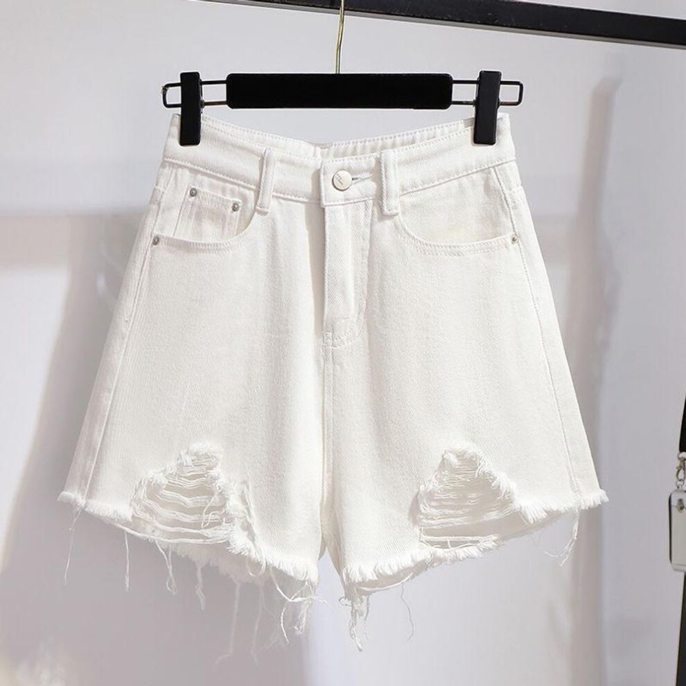 (white, M) "plus Size High Waist Denim Shorts For Women – Summer Slim Fit With Wide Leg And Distressed Details