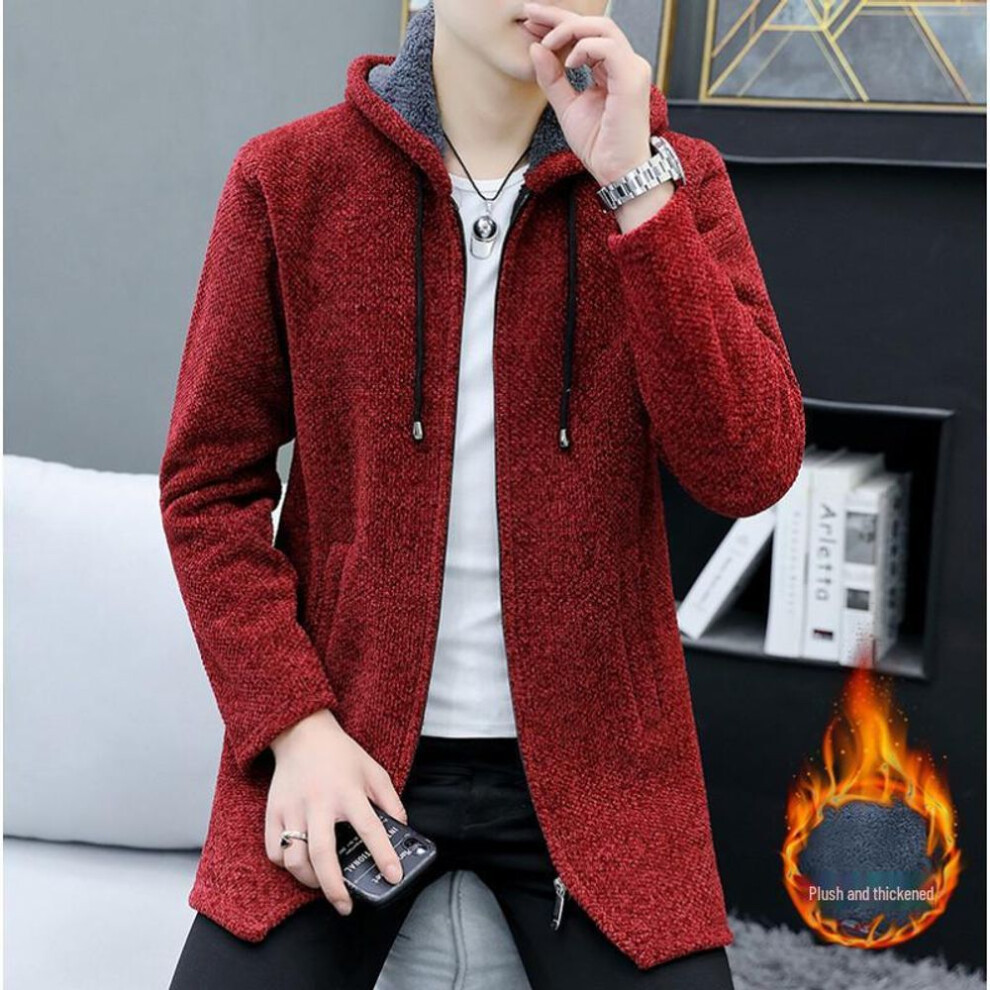 (wine red, 2XL) Men's Mid-Length Hooded Knit Cardigan Sweater - Autumn/Winter, Loose Fit, Plus Size