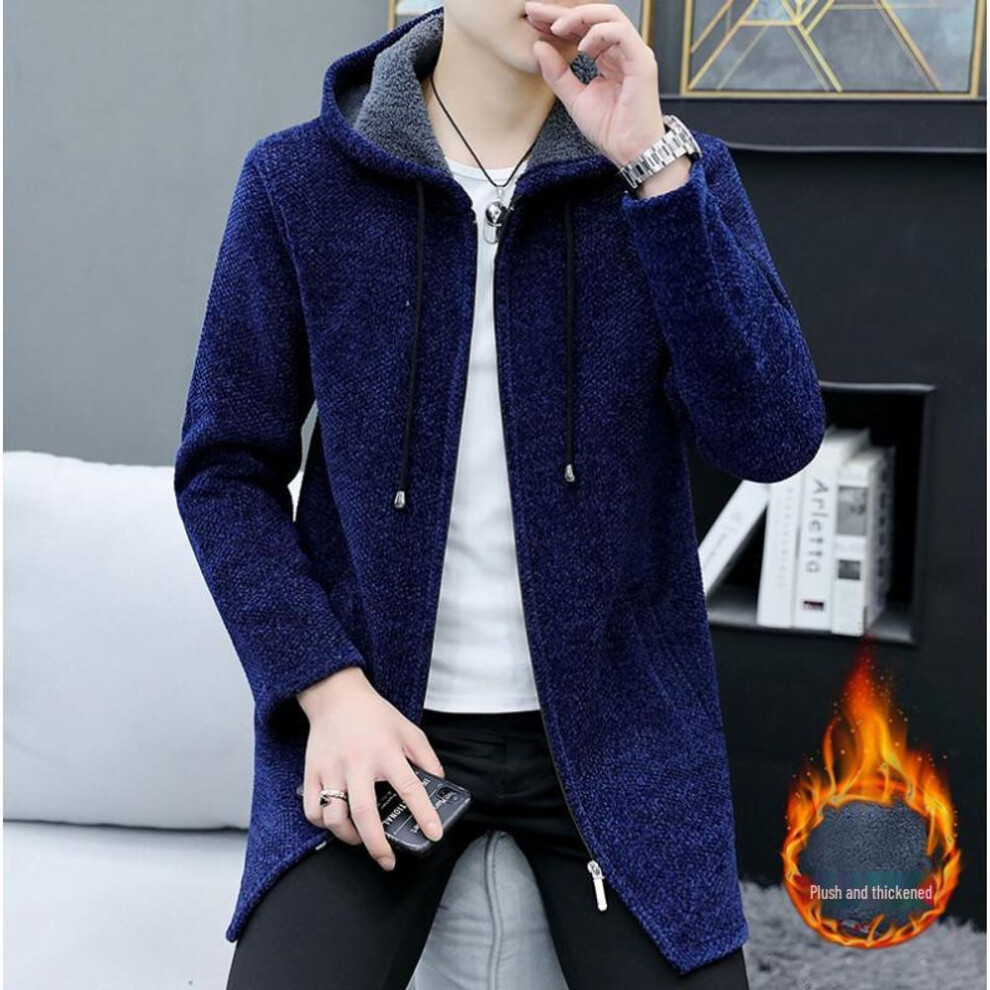 (blue, L) Men's Mid-length Hooded Knit Cardigan Sweater - Autumn/winter, Loose Fit, Plus Size