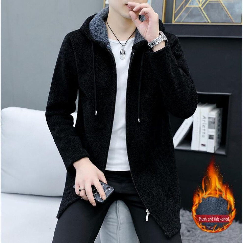 (black, 2XL) Men's Mid-length Hooded Knit Cardigan Sweater - Autumn/winter, Loose Fit, Plus Size