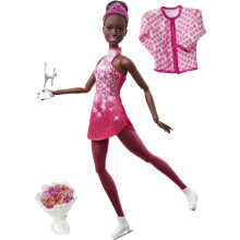 Poup   e Barbie patineuse sur glace brune (12 pouces) avec robe rose, veste, bouquet de roses et troph   e. Excellent cadeau pour les 3 ans et plus