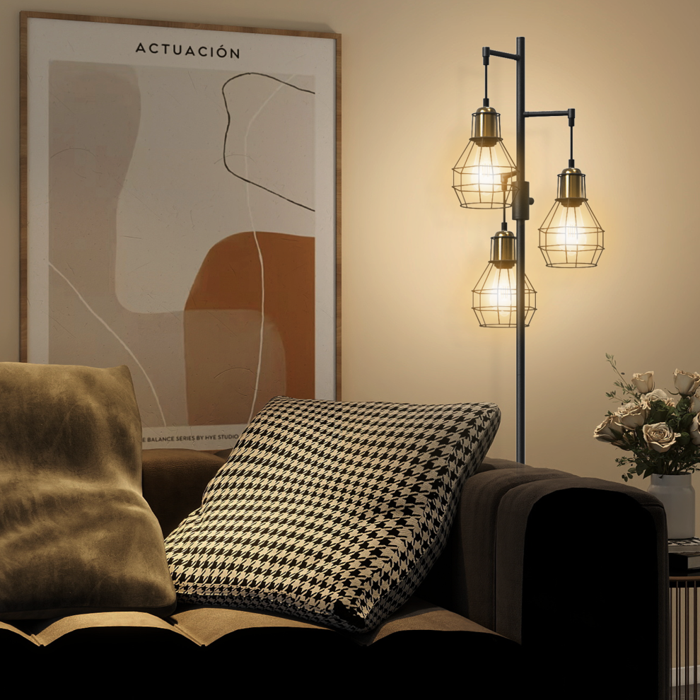 3 Light Floor Lamp Living Room Bedroom Dimmable Lamp Metal Shade Black