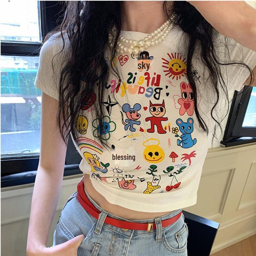 (2XL) 2023 Women's American Cartoon T-shirt: Fun Summer Print, Slim Fit, Hot Girl Style, Short, Navel-exposed Casual Top