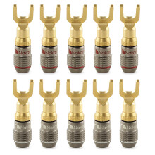 (10 Pcs (5-Pairs)) Nakamichi FanLock Excel Series 24k Gold Plated Spade Connector Banana Plug 10 - 18 AWG Gauge Size 4mm for Speakers Hi-Fi Wire Cable Quick Connector