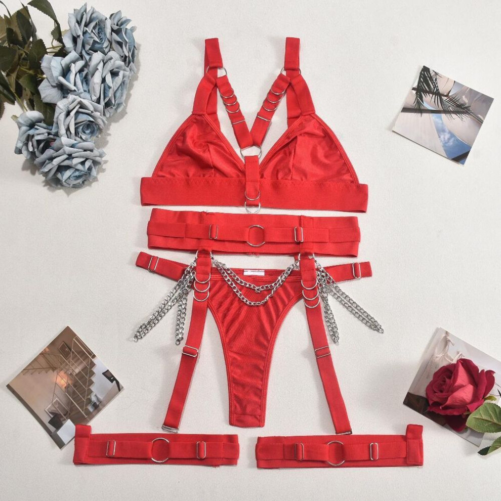 (red, Medium) "european & American Sexy Body-shaping Lingerie: Hot Metal Interwoven Four-piece Set