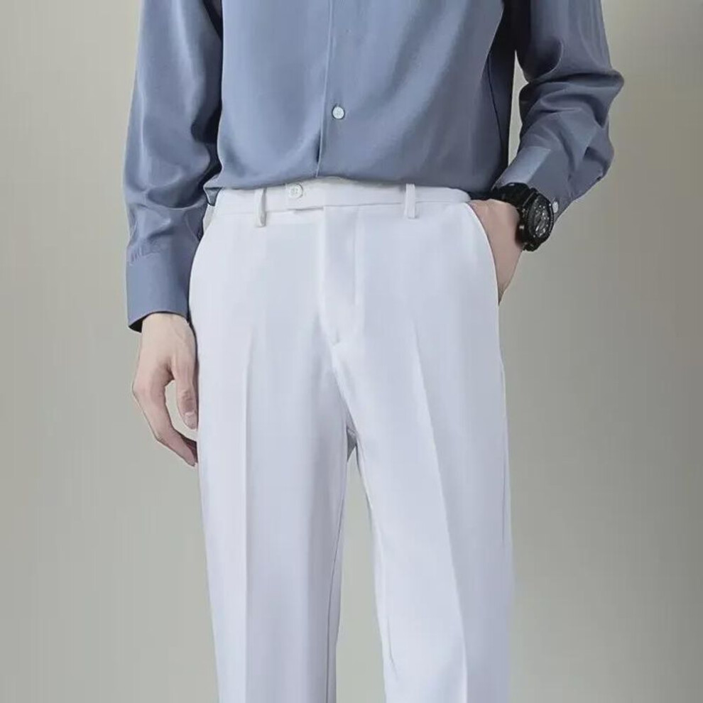 (white, 29) Men's Slim Fit Nine-Point Suit Trousers: Business, Formal, and Casual Wear for Spring and Summer.