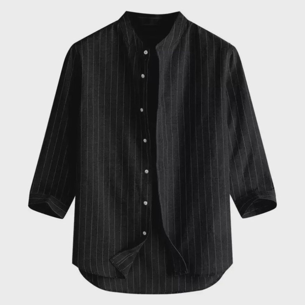 (black, XXL) Men's Korean Stand Collar Linen Cardigan - Casual, Breathable, Loose-Fit Youth Shirt with Three-Quarter Sleeves.