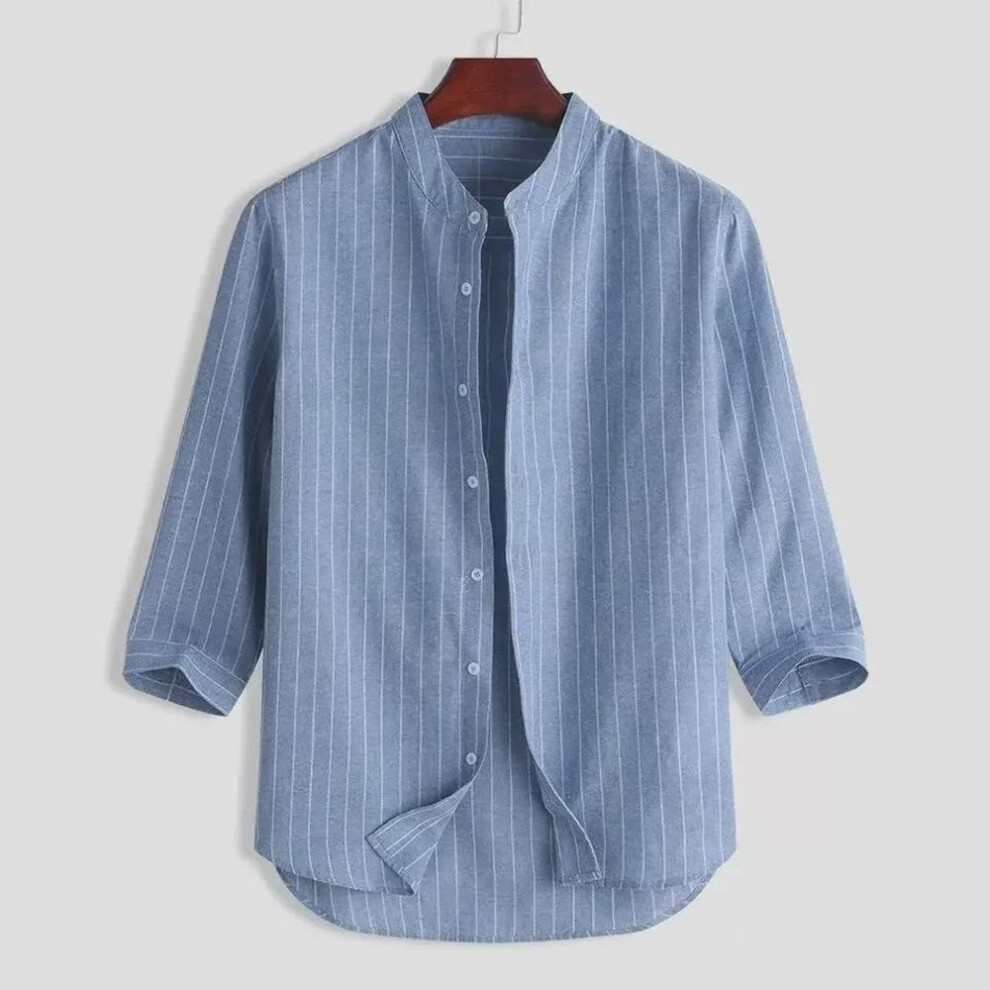 (blue, XL) Men's Korean Stand Collar Linen Cardigan - Casual, Breathable, Loose-Fit Youth Shirt with Three-Quarter Sleeves.