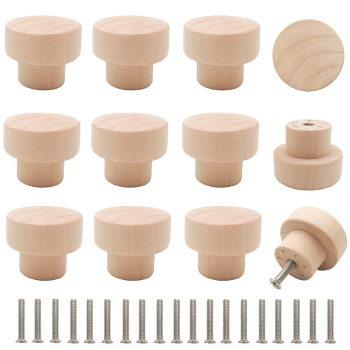 Bmgop 16PCS Wood Knobs Flat Top Round Cabinet Knobs 1.39""(35mm) Unfin