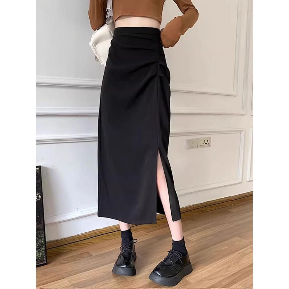 (black, 4XL) "2024 Slim High-Waist A-Line Skirt with Slit - Fashionable Korean Mid-Length