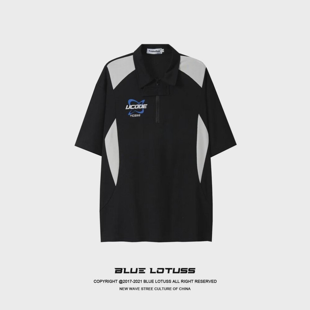 (black, XXXL) "Unisex Summer Loose Racing Suit with Polo Neck and Short Sleeves