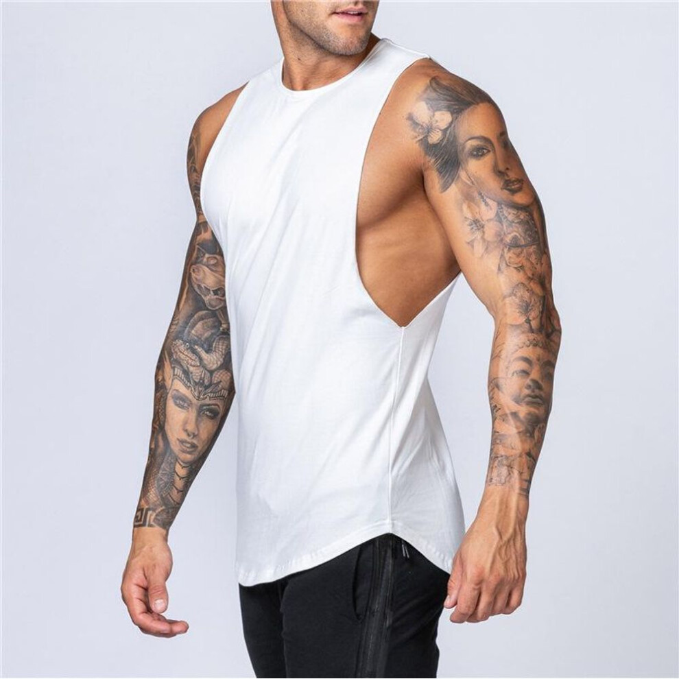 (white, M) Men's Solid Color Loose Cotton Summer Singlet – Sleeveless Bodybuilding Fitness Vest