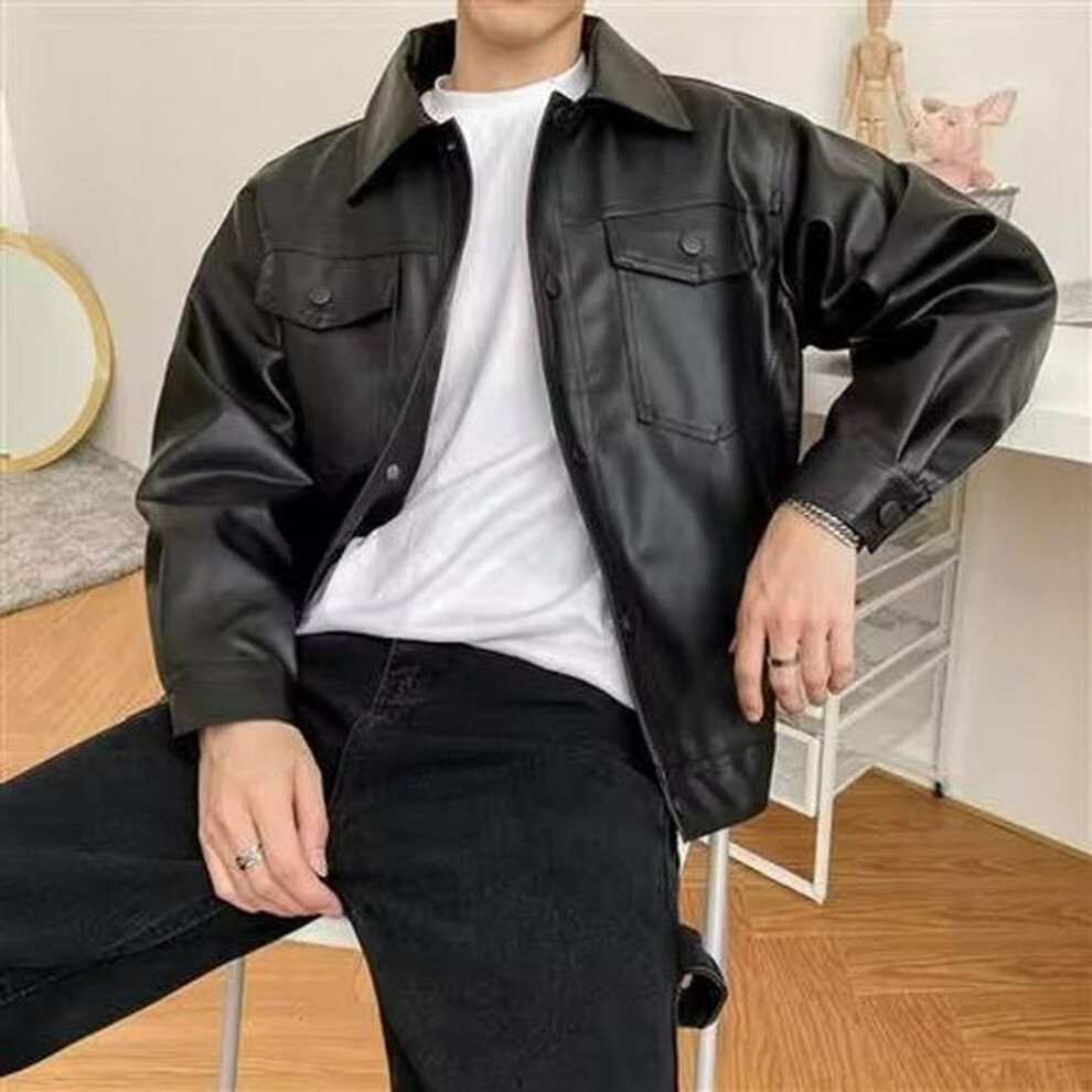 (black, L) 2023 Men's Trendy PU Leather Jacket - Korean Style, Loose Fit for Spring and Autumn
