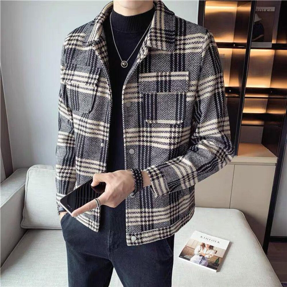 (coffee, S) Men's Trendy Plaid Wool Jacket - Slim, Thick, Short Coat for Autumn and Winter