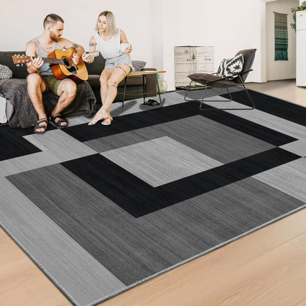 (200x290 cm- Extra Large Rugs Indoor Outdoor Area Rug, MILO BLACK GREY) Non-Slip Area Rugs Printed Geometric Carpets Mats