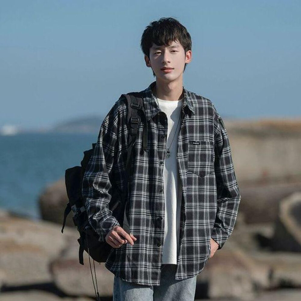 (black,white, Extra Large) Men's 2023 Retro Japanese Plaid Loose Long Sleeve Shirt for Spring and Autumn