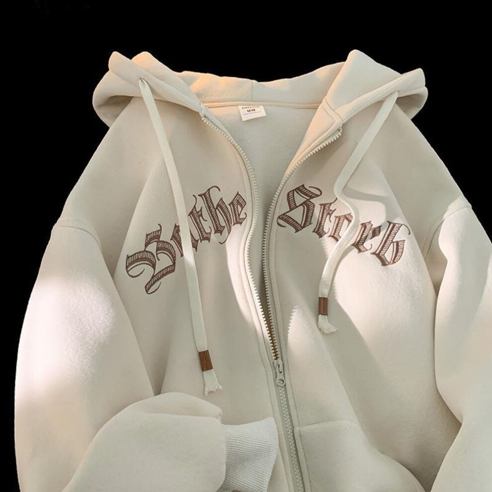 (apricot, Large) Apricot Hooded Cardigan: Women's Lazy-Style, Old-School American Baseball Jacket
