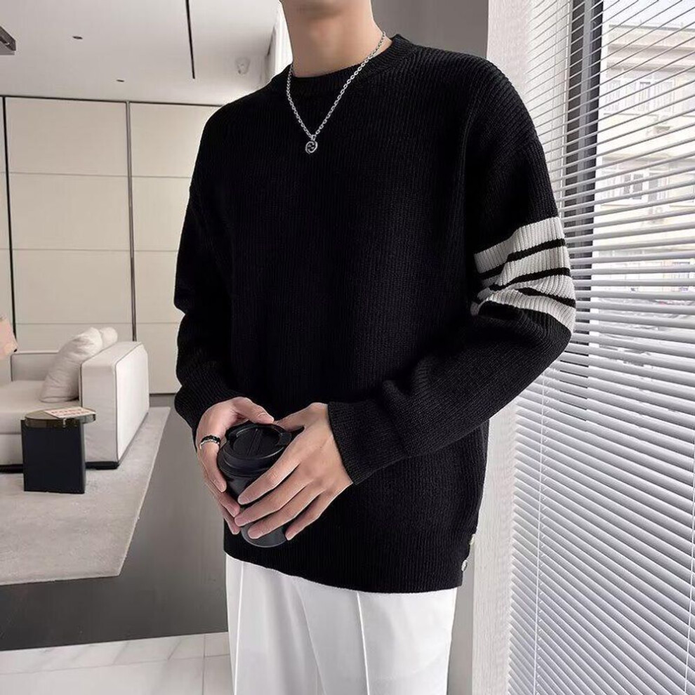 (black, Large) Men's Autumn/Winter Striped Round Neck Wool Sweater - Trendy Casual Long-Sleeved Knit Shirt, Korean Style