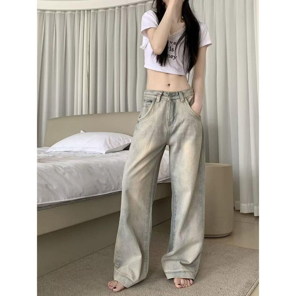 (yellow, XS) Women's Autumn 2024 Light-Colored Low Waist Retro Wide-Leg Jeans
