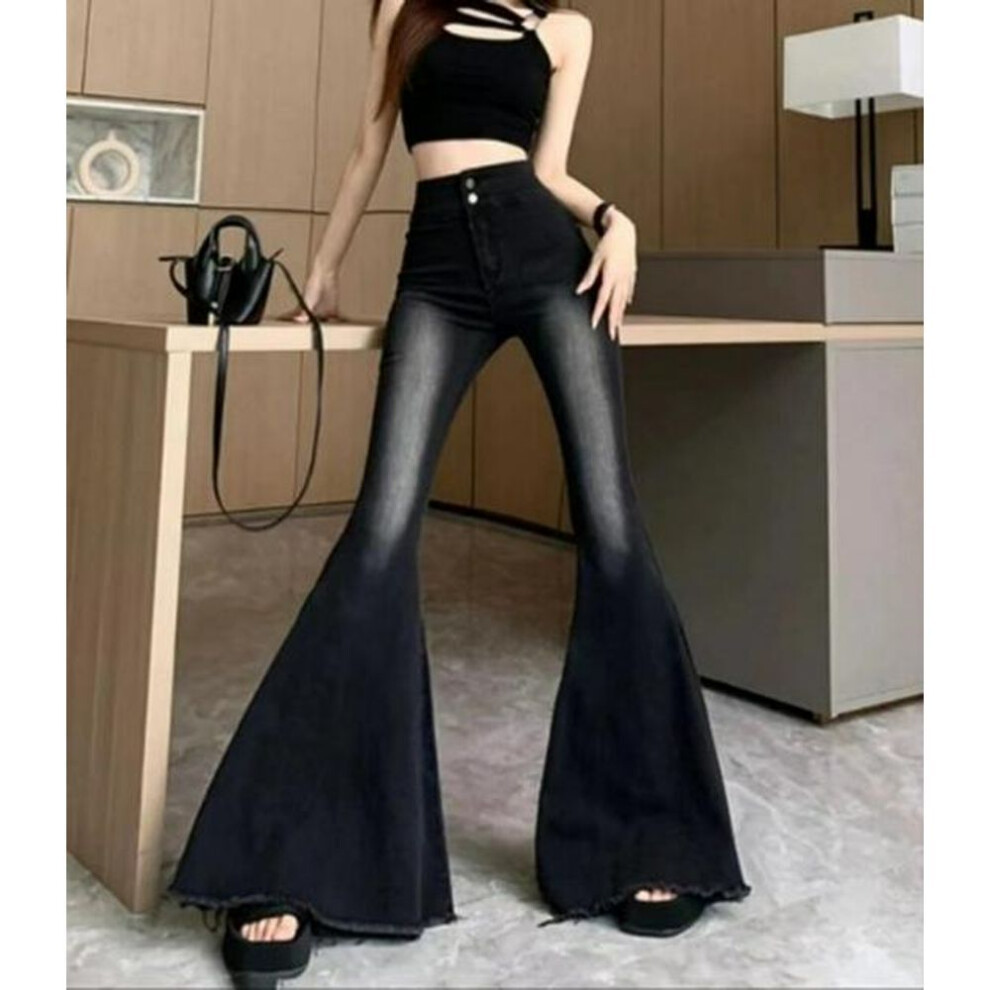 (black gray, XS) "american-style High-waist Flared Jeans For Women - Autumn Slim Retro Tall Floor-length Pants