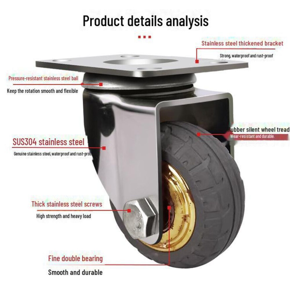 (4 inch brake wheel) Stainless Steel Caster Wheels: 3", 4" Rubber Gold/gray, 5" Elastic With Universal Brake.