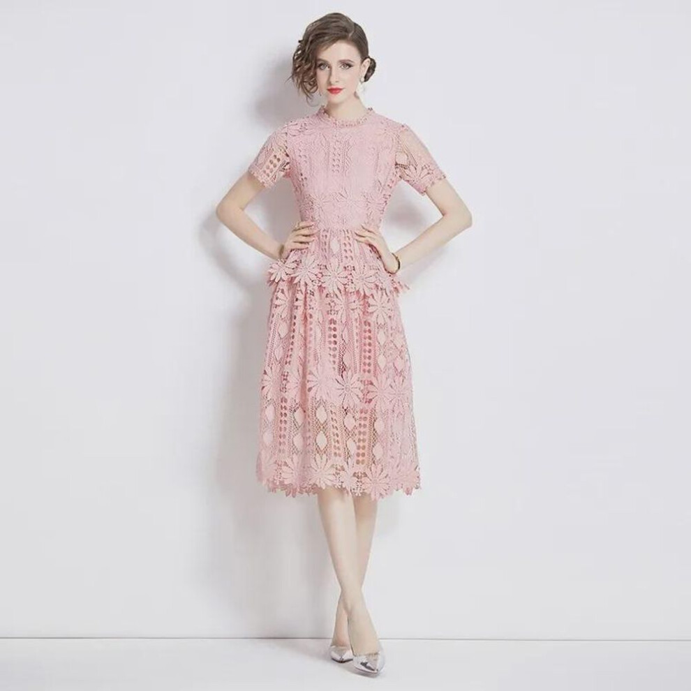 (pink, M) 2024 Elegant Slim Lace Midi Dress