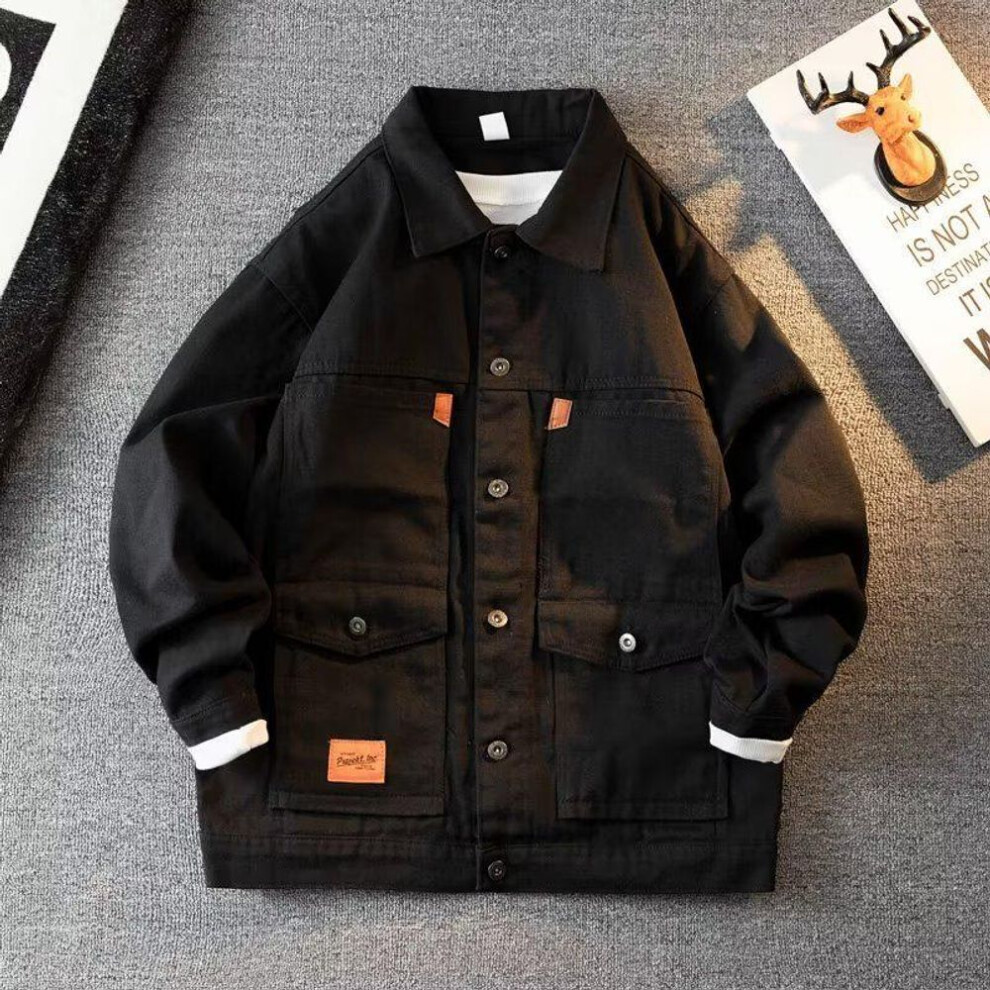 (black, 2XL) "Retro Japanese Lapel Denim Jacket for Men - Casual & Loose