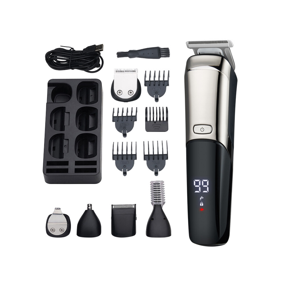 (900 silver black) 6-in-1 multi-functional waterproof hair clipper shaver LCD digital display men's electric push-scissor shaver nose device