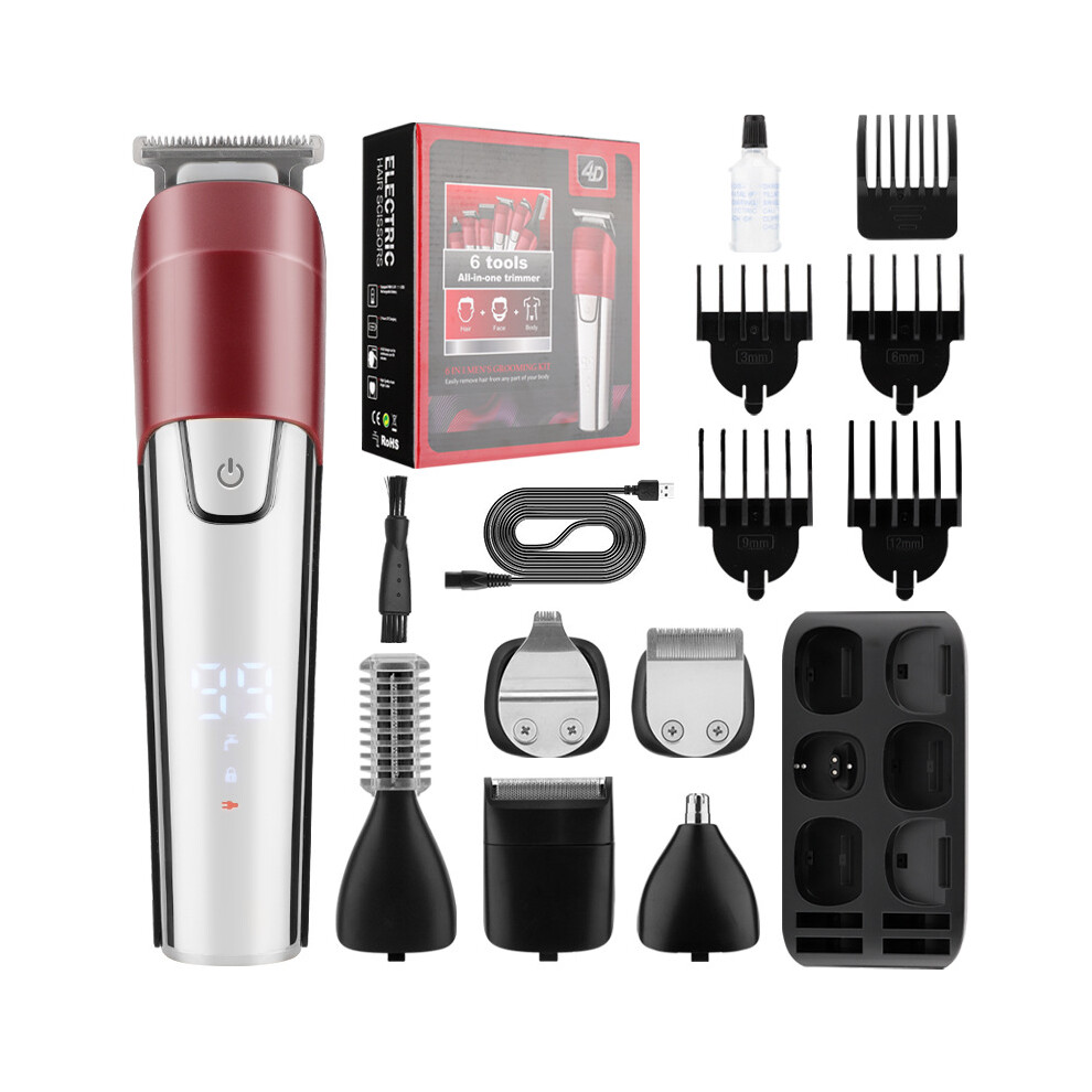 (890 Silver) 6-in-1 multi-functional waterproof hair clipper shaver LCD digital display men's electric push-scissor shaver nose device