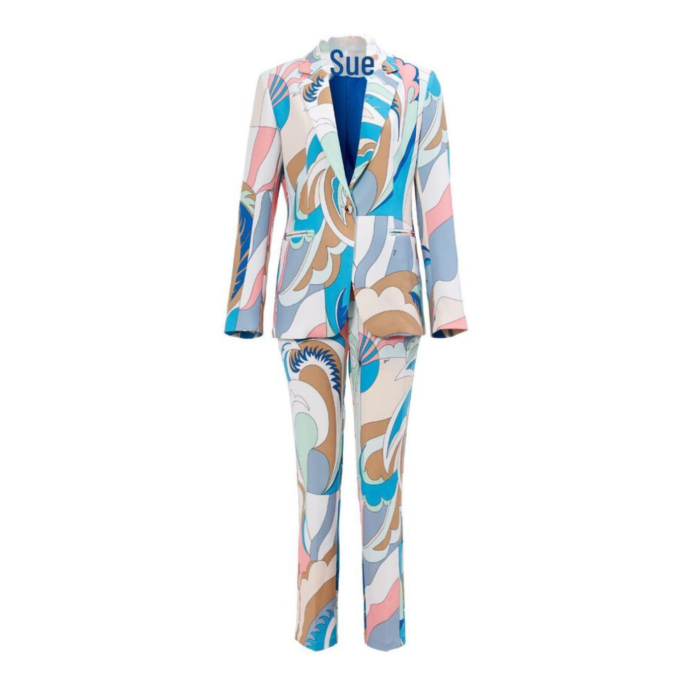 (blue, M) Guoer Women's Pink V-neck Cotton Print Suit Set With Single Button