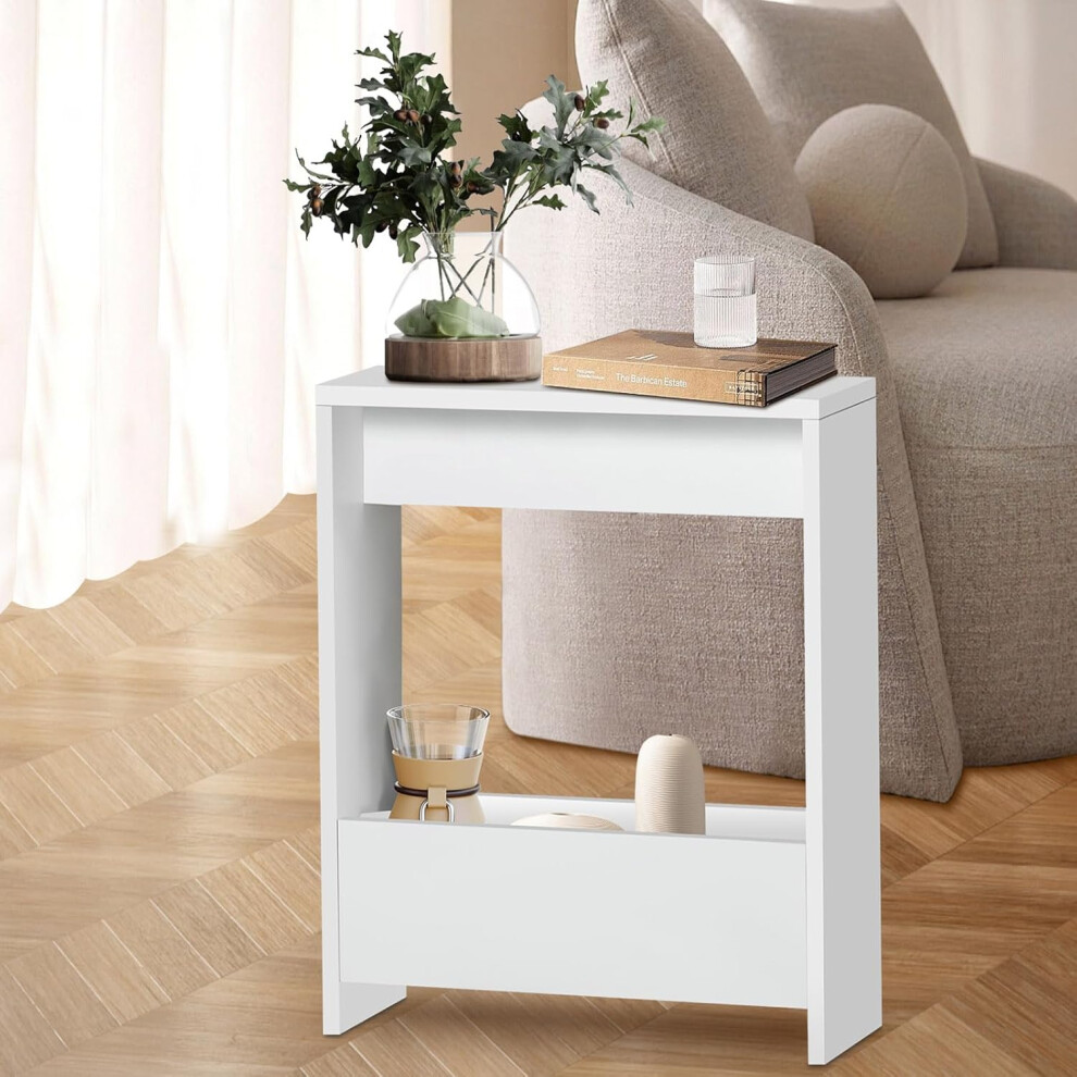Narrow Side Table slim End Table Modern Sofa Table Thin Side Table for Narrow and Small Spaces,Small Nightstand with Magazine Rack Space Saving, White