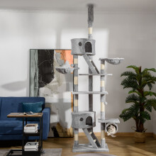 PawHut Kitten Tower: Adjustable 240-260cm Floor-to-Ceiling Cat Tree with Scratching Posts, 2 Houses, Ramps & Hammocks (Dark Grey) D30-093