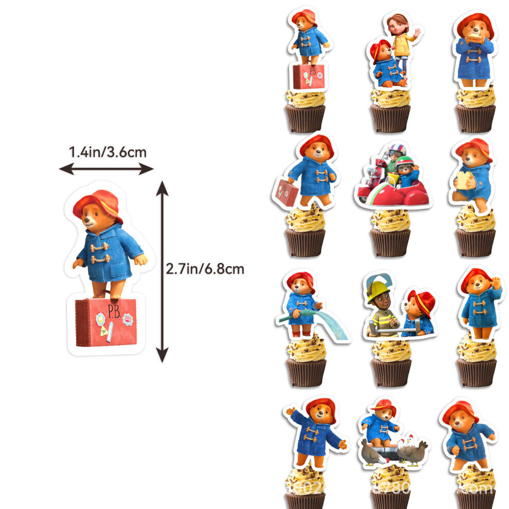 (12 Cupcake Toppers ) (Set) Party Bear Birthday Decor Set Banner Cake Toppers Balloons Flag Pull