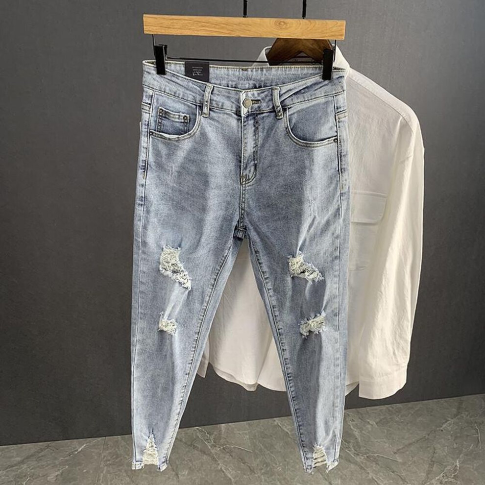 (31) Men's Light-Wash Slim-Fit Nine-Point Jeans - Trendy, Elastic, Casual, Skinny Korean Style for Spring and Summer