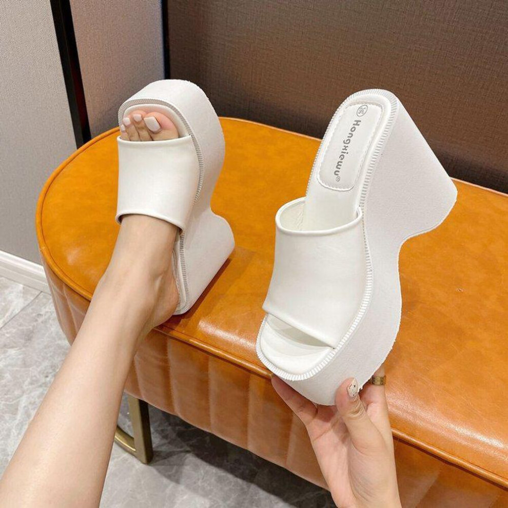 (white, 38) "2024 Women's Thick-Soled White Wedge Heeled Square-Toed Sandals, European & American Style, Sizes 35-43