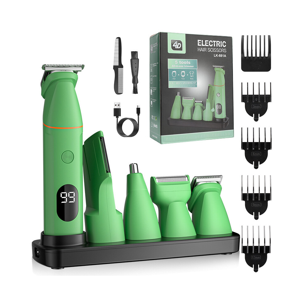 (USB model, Green) Waterproof electric shaver for home men's hair clipper multi-function electric push-scissor nose hair set